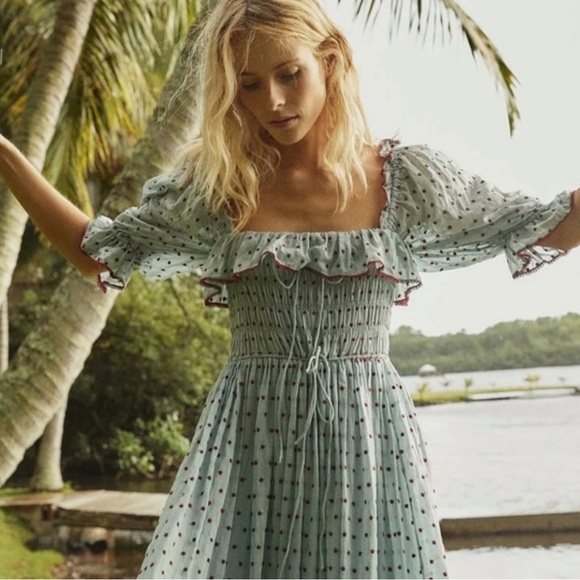 DÔEN Azure Swiss Dot Sol Dress Blue Red Polka Dot Ruffle Midi Maxi - Picture 3 of 7